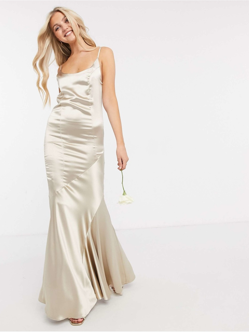 ASOS DESIGN Bridesmaid satin scoop maxi dress with paneled skirt and button back